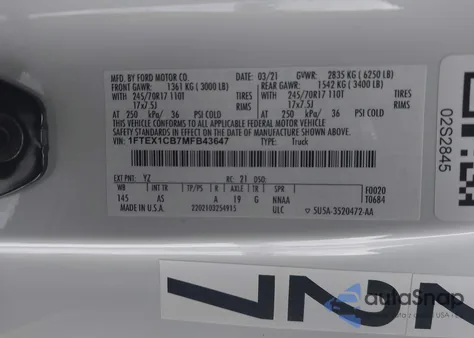 2021 Ford F-150 Xl z USA, uszkodzony, nr VIN 1FTEX1CB7MFB43647